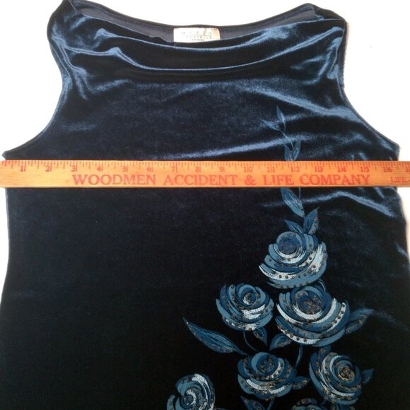 Maria Gabrielle Shirt Medium Blue Velour Tank Top Draped Beaded Roses Vtg Y2K - Picture 4 of 7
